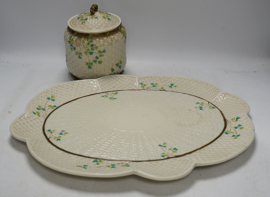 A Belleek cabaret tray and biscuit barrel with cover, clover decoration, 45cm. Condition - cover repaired